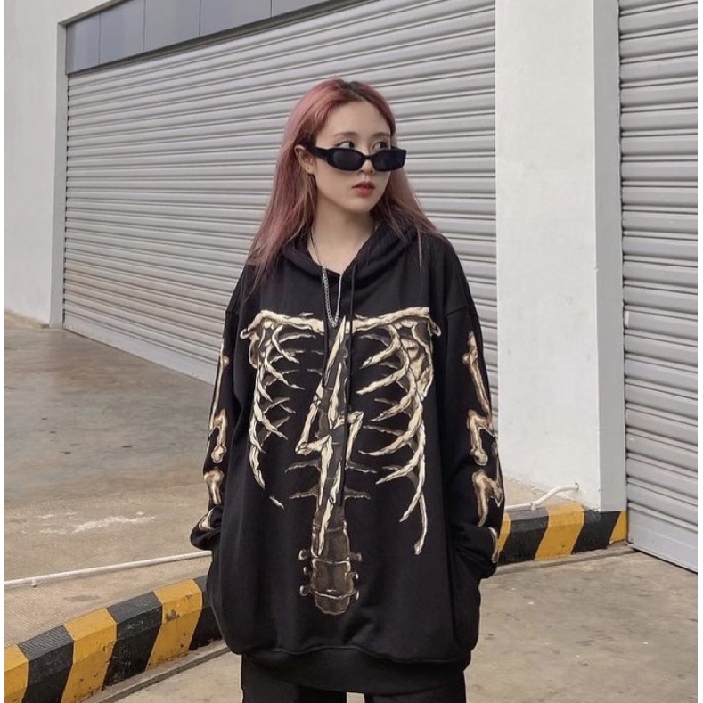 Áo Hoodie Nỉ Da Cá Unisex Local Brand Form Rộng Mũ Trùm Phối Dây Rút SKELETON SWE Hàng Xuất Xịn Cao Cấp Chất Mịn Đẹp