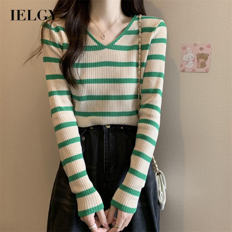 IELGY Áo Thun Dệt Kim Tay Dài Cổ Chữ V Họa Tiết Kẻ Sọc Phong Cách Hàn Quốc Thời Trang Cho Nữ