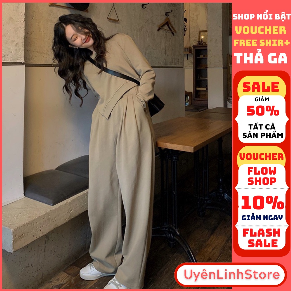 Set nỉ nữ - Set bộ đồ nữ quần ống rộng kết hợp áo thun lệch tà dáng dài tay Uyên Linh Store
