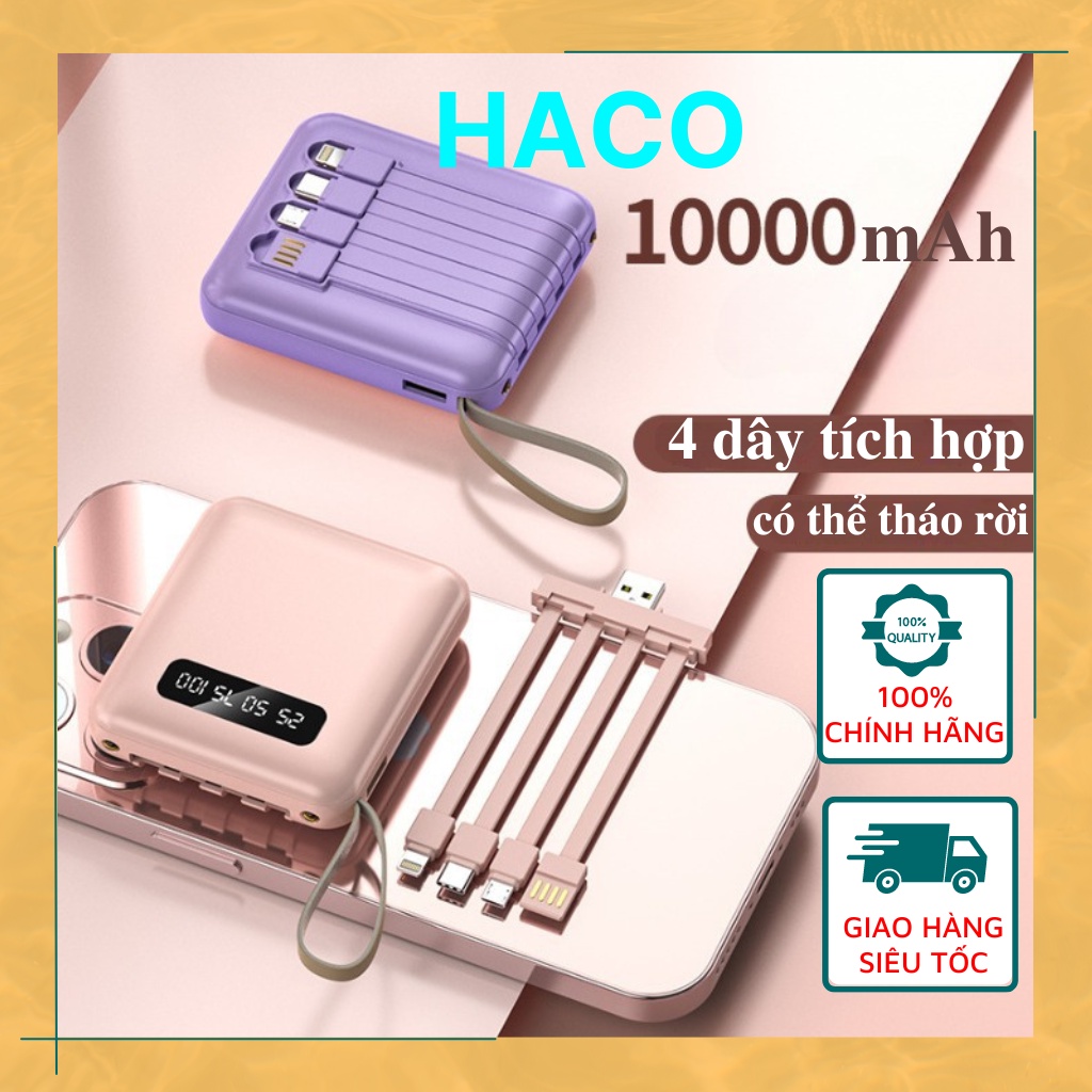 Cục sạc dự phòng 20000mAh mini cầm tay giá rẻ tích hợp 4 đầu sạc kiêm đèn pin chiếu sáng