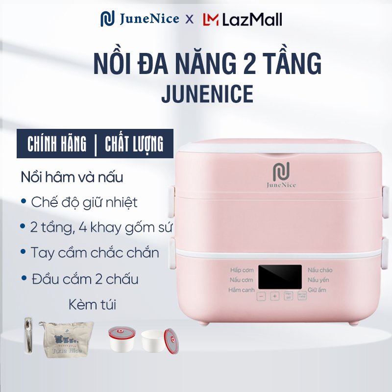 Hộp cơm nấu chín, hâm nóng thức ăn bằng điện JuneNice, 4 hũ bằng gốm sứ bản thiết kế mới có màn hình