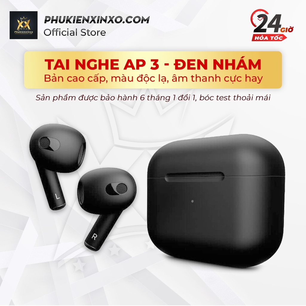 Tai Nghe Bluetooth A.P Gen 3 ĐEN NHÁM phiên bản mới nhất, cảm ứng lực bóp, định vị, sạc Không Dây, đổi tên, full setting