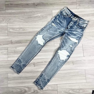 Quần bò amiri sc rách gối vá da trắng -6800