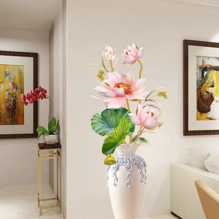 Decal dán tường bình hoa 3d sen hồng siêu đẹp 01