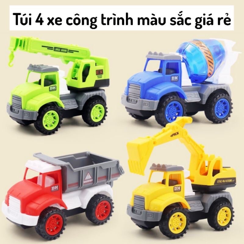 Xe ô tô đồ chơi, Túi 4 xe công trình nhiều màu sắc đẩy đà