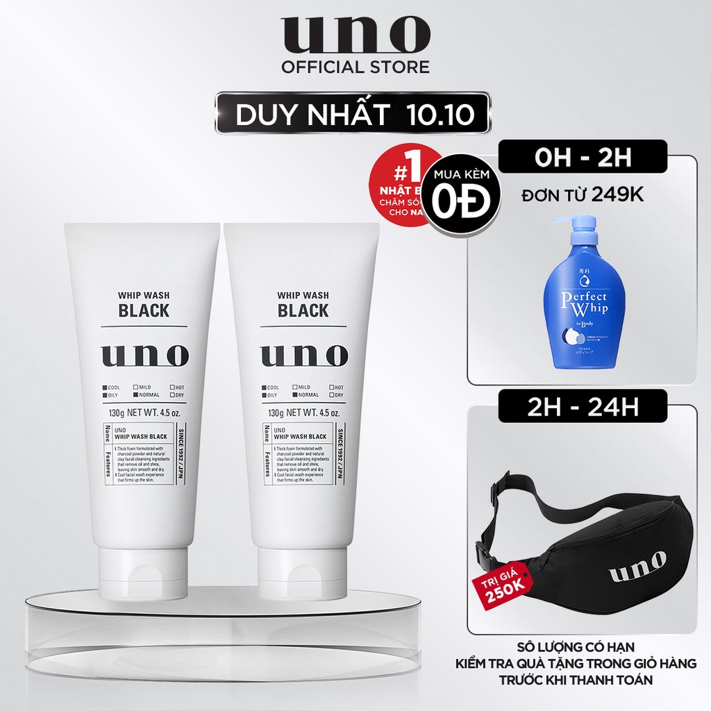 Bộ đôi Sữa Rửa Mặt Tạo Bọt Sạch Nhờn UNO Whip Wash Black, chai 130g
