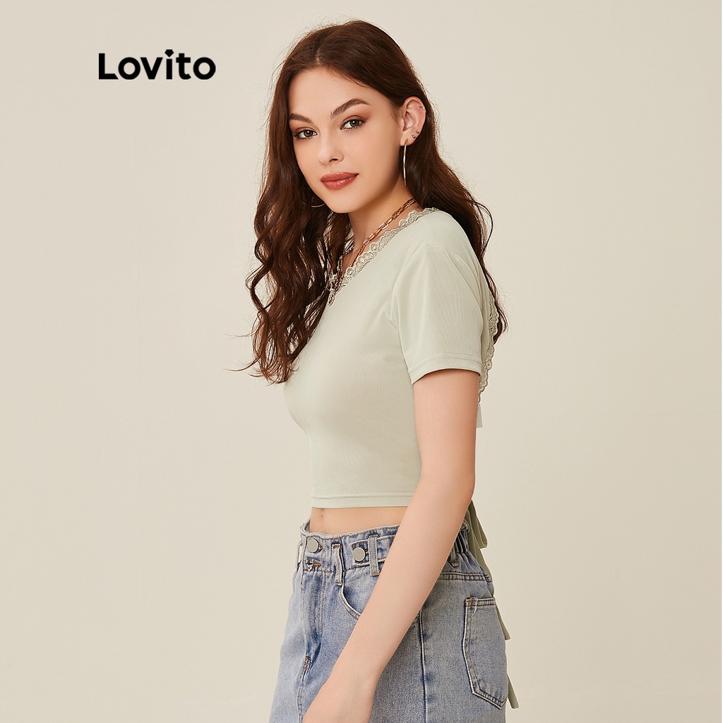 Lovito Áo Thun Hở Lưng Phối Ren L20D342