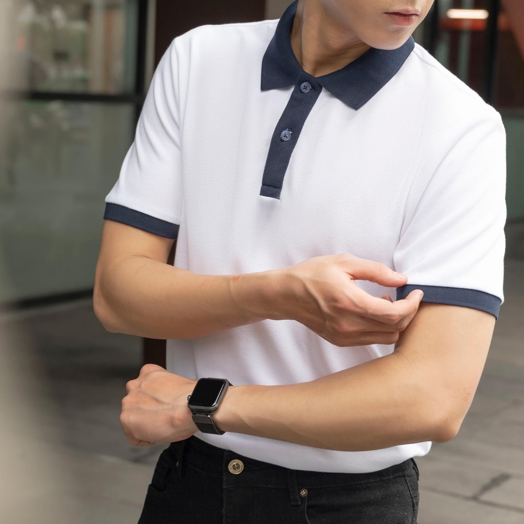 | Satoshi | Áo Polo STS Diamond Pique SAPL80 Trắng Viền Cổ Navy Chất Cotton