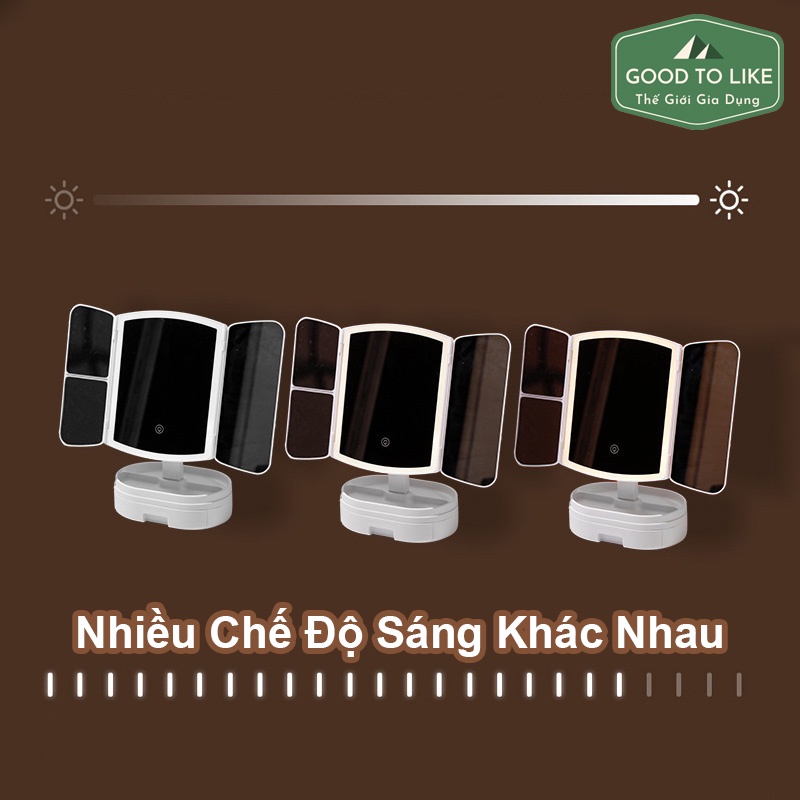 Gương Trang Điểm Để Bàn Tích Hợp Cảm Biến Đèn Led,Gương Để Bàn Xoay 270 Độ Gập Mở 2 Cánh Tặng Kèm Sạc