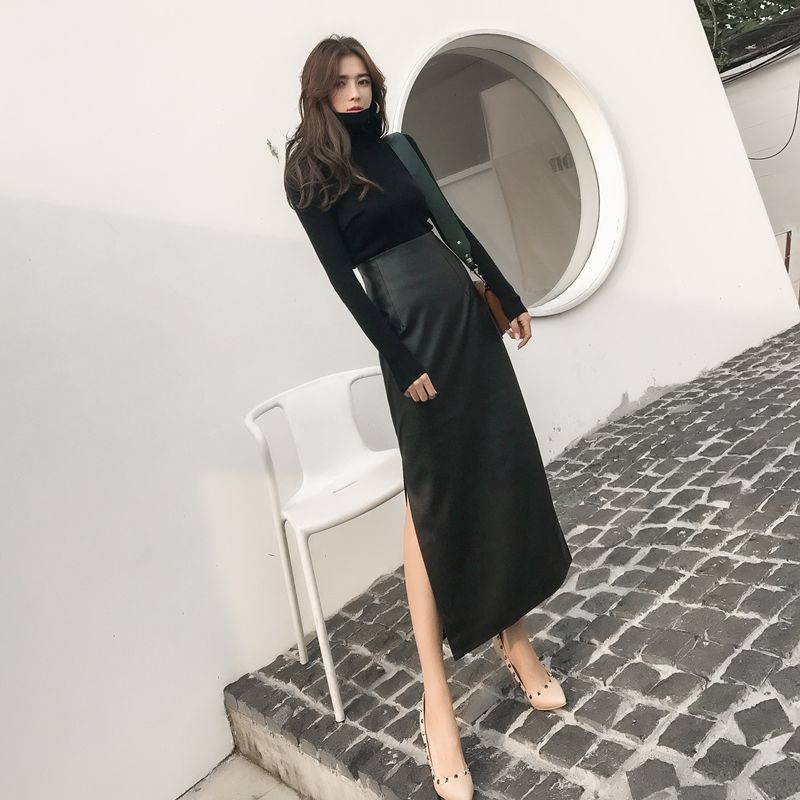 Chân Váy Da Dáng Dài Ôm Hông Xẻ Tà Thời Trang Xuân Thu 2022