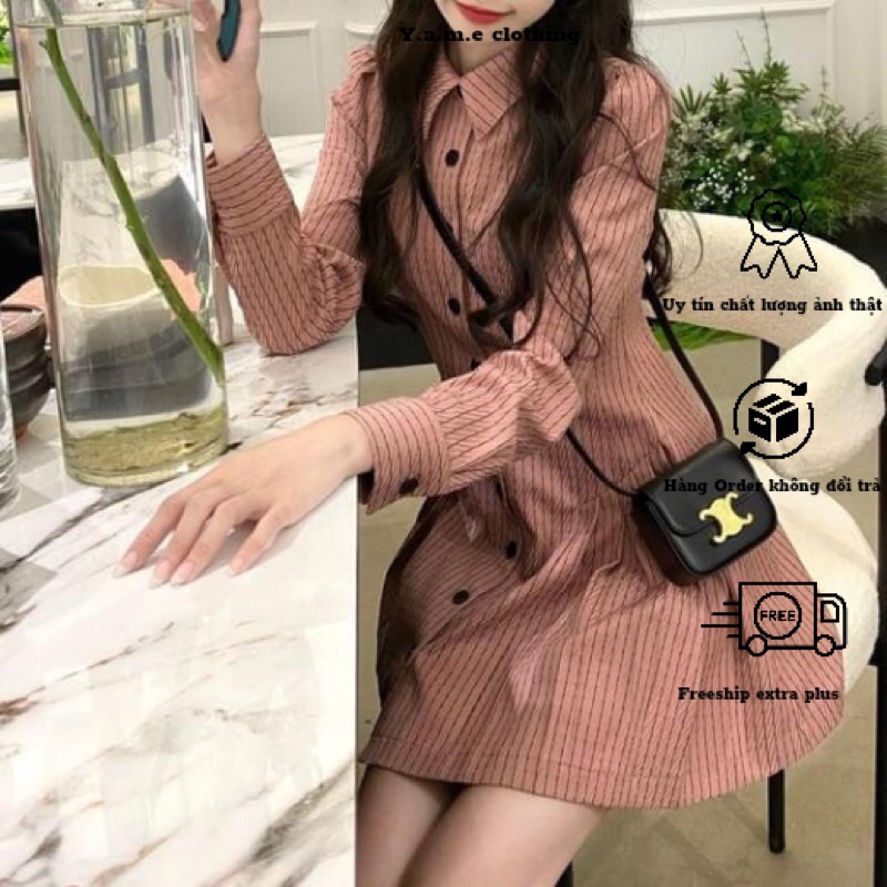 Váy đầm xoè sơ mi dài tay có cổ dáng ngắn ( tặng kèm carvat ) đóng khuy hoạ tiết kẻ màu hồng hàng quảng châu chất dàydặn