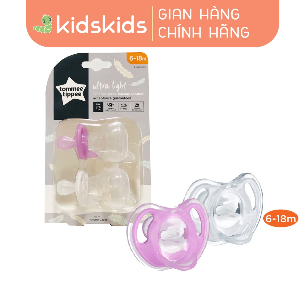 Ty ngậm silicon siêu nhẹ cho bé Tommee Tippee Ultra Light 6-18 tháng (vỉ đôi) - Tím/Trắng