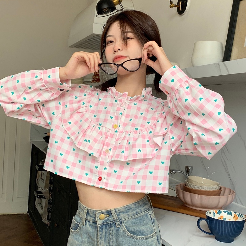 Áo sơ mi SUXI dáng ngắn tay dài in họa tiết vintage ngọt ngào cho nữ