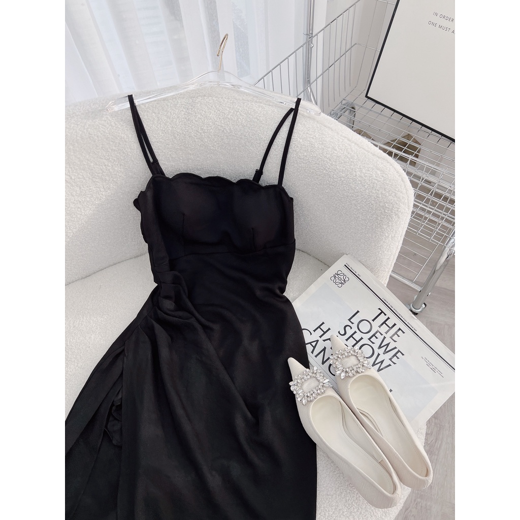 Sẵn Đầm midi hai dây cúp ngực gợn sóng xẻ đùi màu đen
