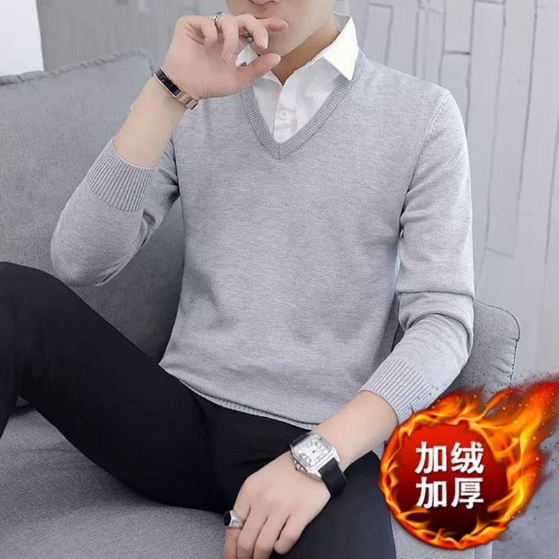 # Áo Len Nam# Áo Sweater Cotton Giả Hai Lớp Màu Sắc Đơn Giản Cho Nam