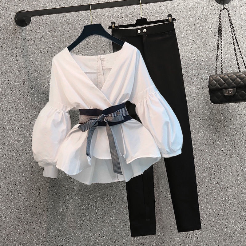 Áo Sơ Mi Đen Cổ V Kèm Quần Dài Ôm Dáng Phong Cách Retro Thời Trang Mùa Thu Cho Nữ