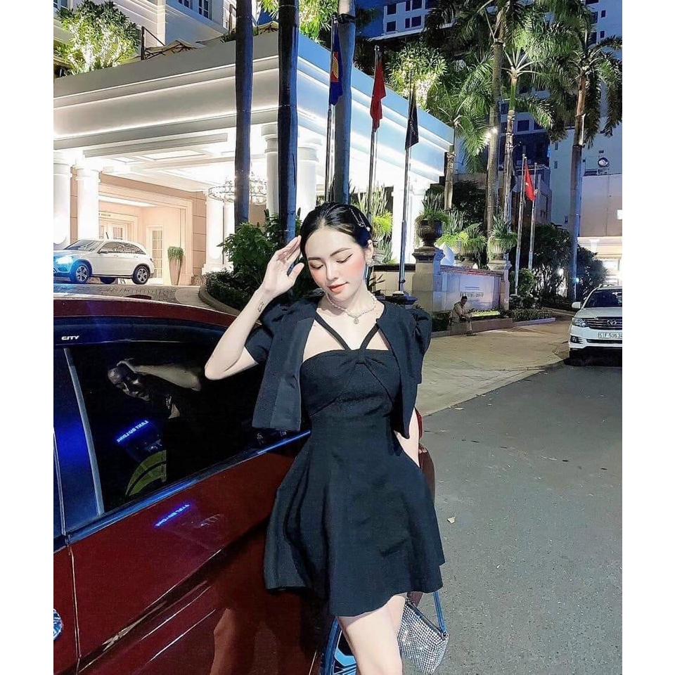 Set Đầm Cổ Chéo Có Mút Và Áo Khoác