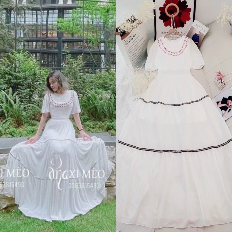 Đầm váy trắng đũi maxi dài tay bồng/phồng phối viền thổ cẩm thời trang nữ hot girl thiết kế đi biển du lịch sinh nhật