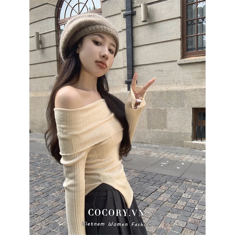 Cocory vn Áo Sweater Dệt Kim Trễ Vai Tay Dài Màu Đen Thiết Kế Độc Đáo