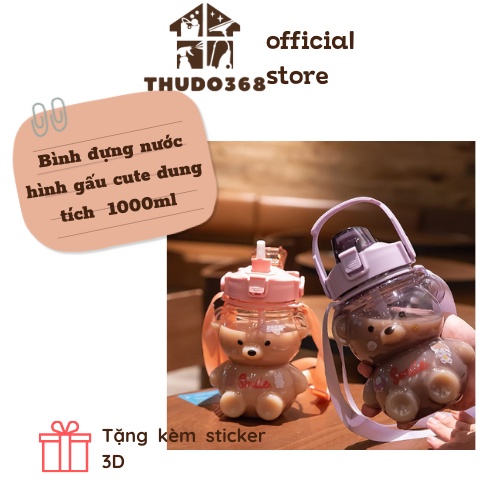 Bình nước con gấu, bình nước cho bé nhựa cute 1000ml tặng kèm ống hút tặng kèm stiker 3D