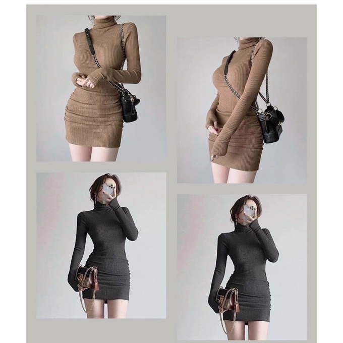 VN902 - VÁY BODY LEN TĂM NGẮN CỔ LỌ DÀI TAY