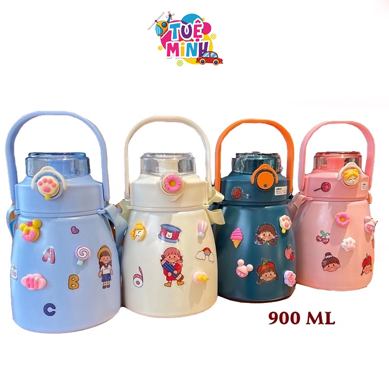 Bình Giữ Nhiệt Inox Dung Tích 900ml, Bình Giữ Nhiệt Thép Không Gỉ Có Ống Hút Và Quai Xách Tặng Sticker Và Dây Đeo