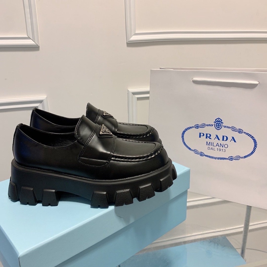 Phiên bản cao 5p Prada Tam giác Giày lười Giày nữ Giày da nền tảng thời trang Giày thường Hình dạng bánh răng