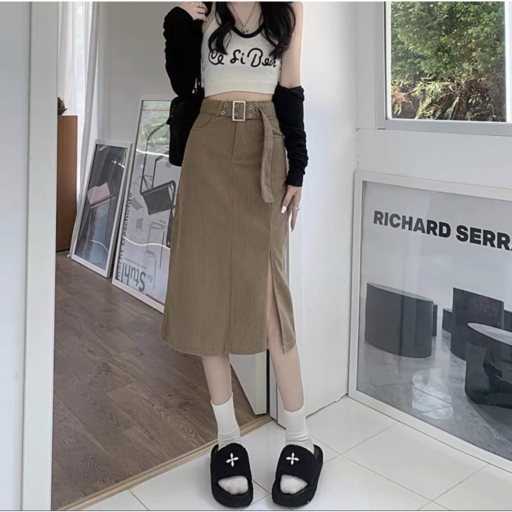 Chân váy dài chất nhung tăm kèm đai đủ size SML