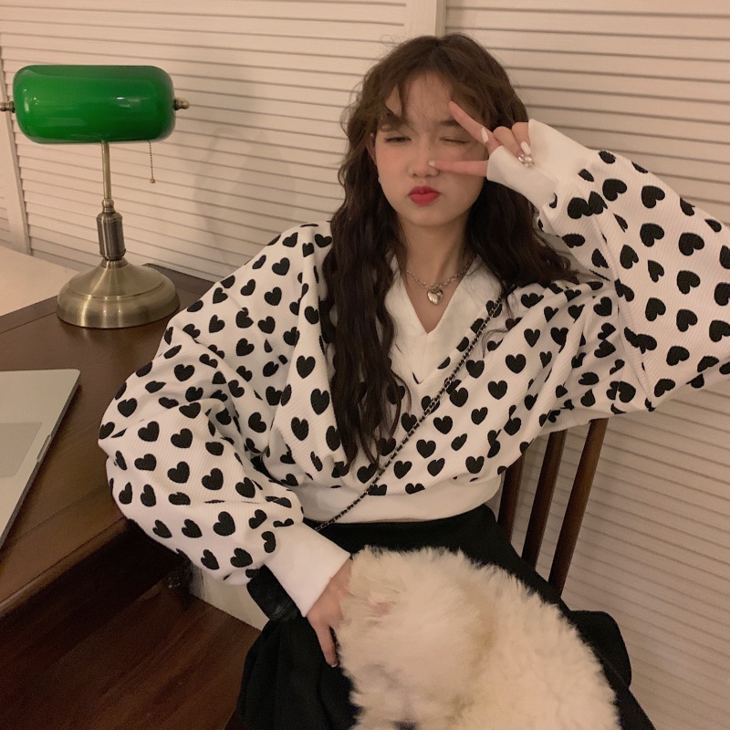 ZHELIHANGFEI Áo Thun Nữ Tay Dài Cổ Chữ V In Hình Trái Tim Thời Trang