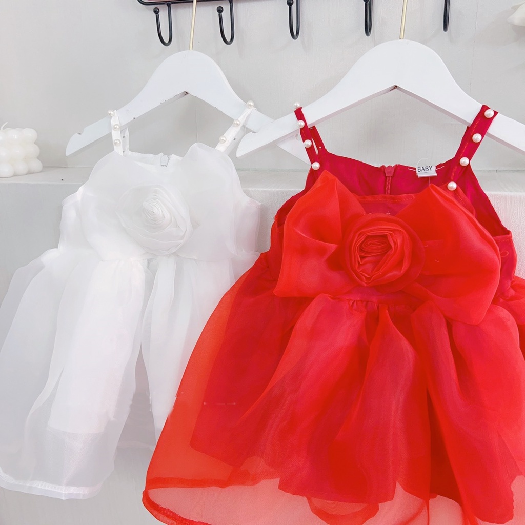 Váy công chúa cho bé gái kiểu 2 dây nơ to từ sơ sinh đến 3 tuổi