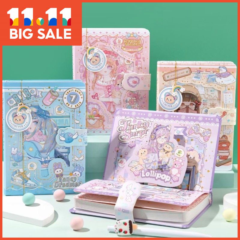32k page magnetic lock cardboard color, cute cartoon classic notebook, student PU illustrative diary