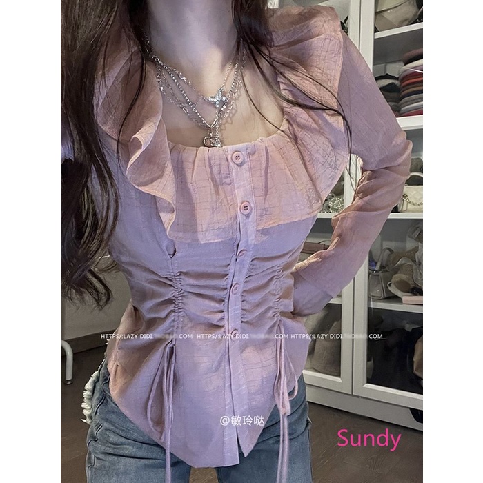 Áo Kiểu Tay Dài Cổ Vuông Phối Dây Rút Thời Trang Xuân Thu Quyến Rũ Cho Nữ