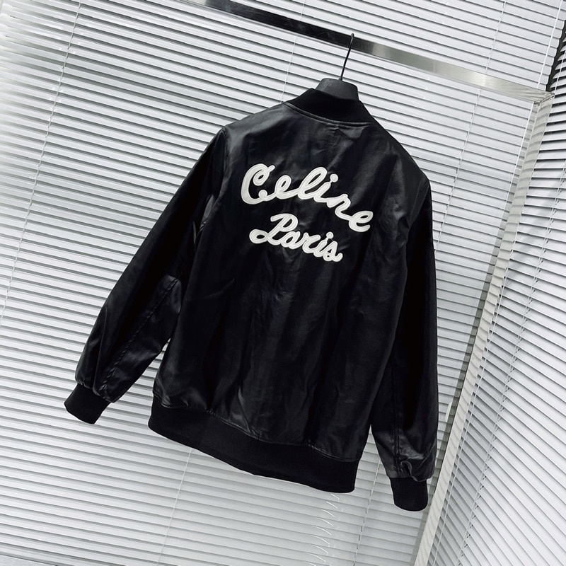 Áo khoác da nam nữ bomber jacket đen bóng dệt chữ C da hai mặt khoá zip bo chun 2 lớp sang trọng