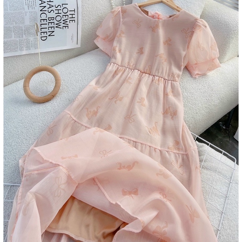 Đầm voan hoa babydoll xoè dài tay bo dây lưng Đầm váy đi chơi dạo phố du lịch đi biển đi Đà Lạt dễ thương cute xinh xắn