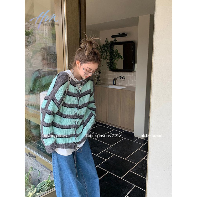Áo Sweater Dệt Kim Kẻ Sọc Dáng Rộng Thời Trang Mùa Thu Cho Nữ