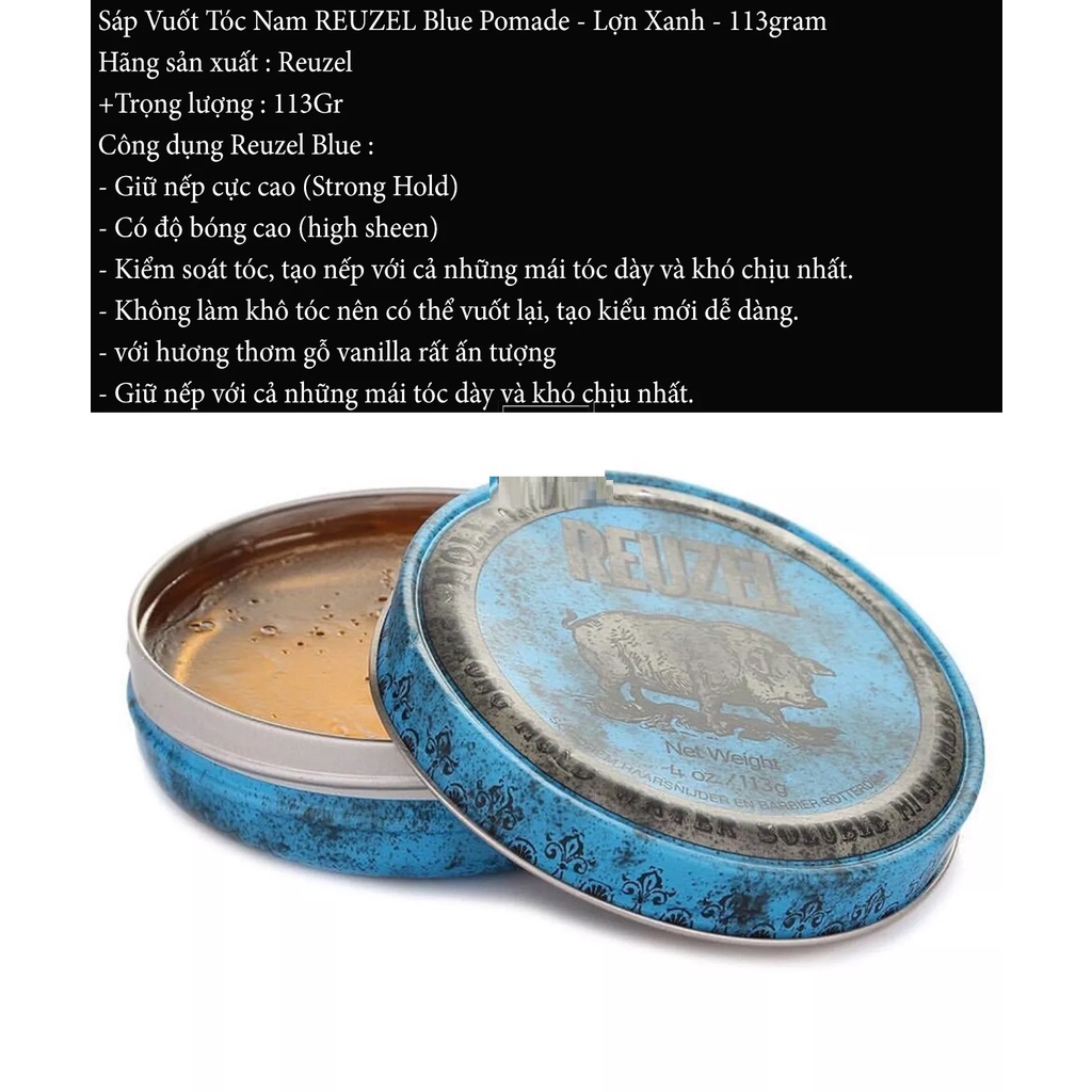 Sáp Vuốt Tóc Nam REUZEL Blue Pomade - Lợn Xanh - 113gram