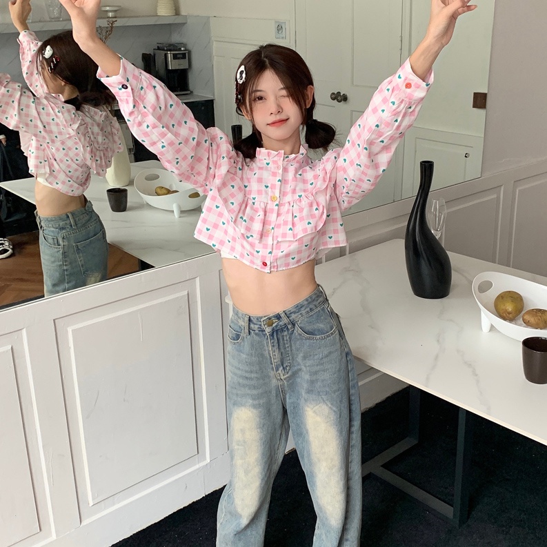 Áo sơ mi SUXI dáng ngắn tay dài in họa tiết vintage ngọt ngào cho nữ