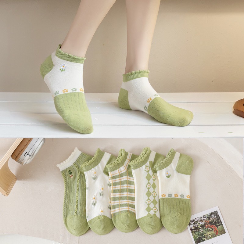 Combo 5 Đôi Tất, Vớ Cổ Ngắn Hoa Xanh Bơ Mix Trắng Co Giãn Siêu Xinh Loại Đẹp Chất Dày