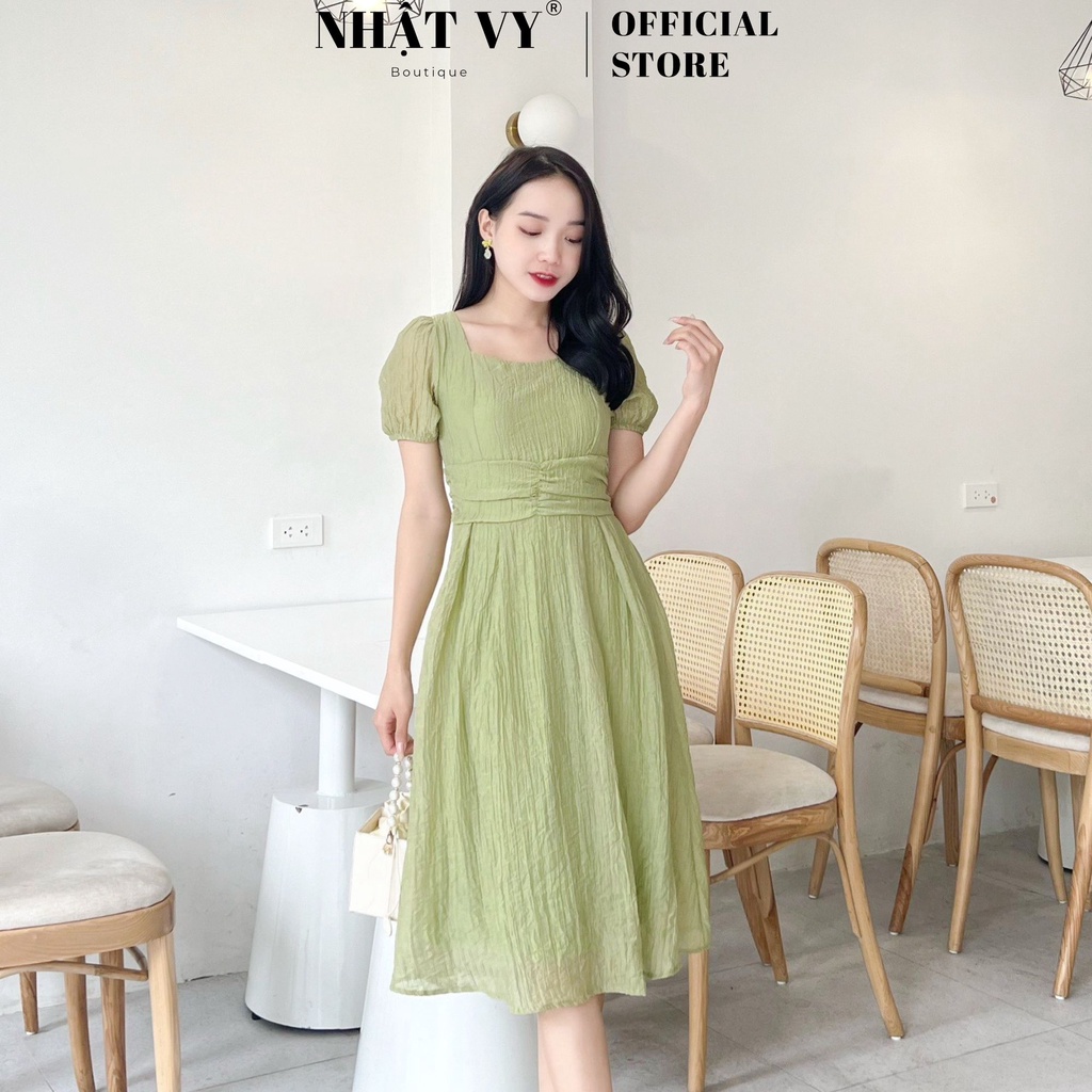 Đầm đi chơi Nhật Vy cổ vuông tay ngắn thắt nơ sau chất tơ xốp nhăn phù hợp công sở dạo phố sang chảnh - D2482