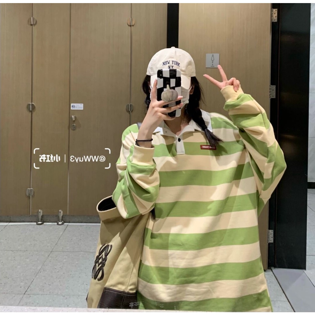 Áo Thun Sweater Tay Dài Kẻ Sọc Màu Xanh Lá Thời Trang Xuân Thu Cho Nữ