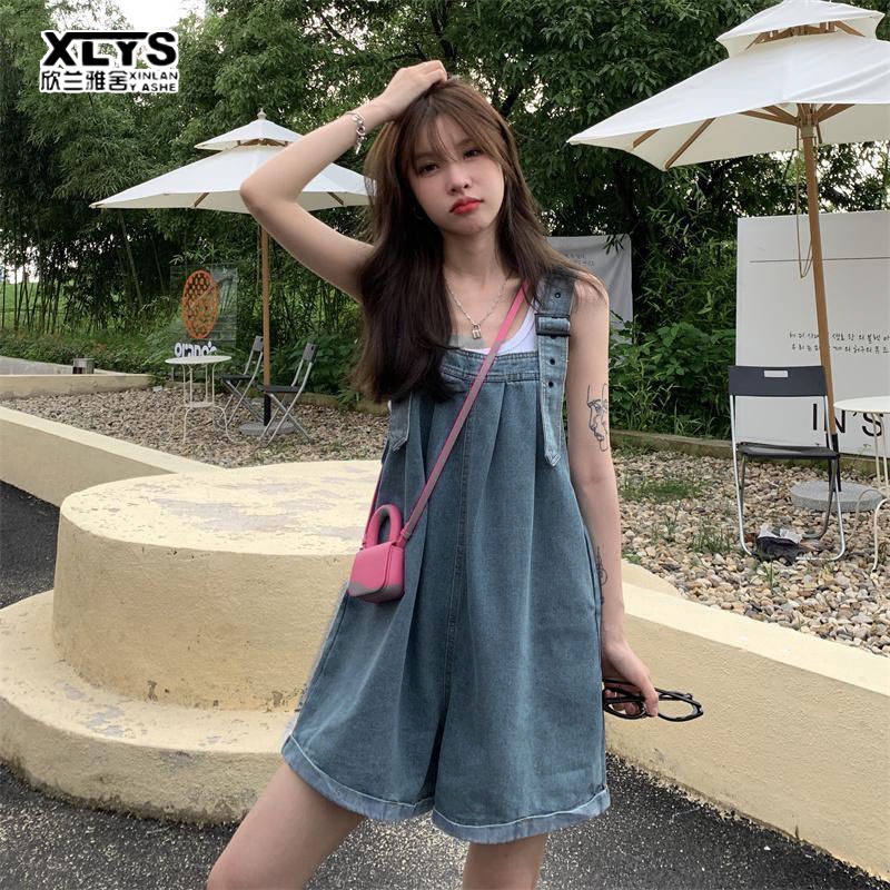 XIN LAN YA SHE Quần Yếm Denim Ngắn Dáng Rộng Thời Trang Hàn Quốc 2023 Dễ Thương Cho Nữ