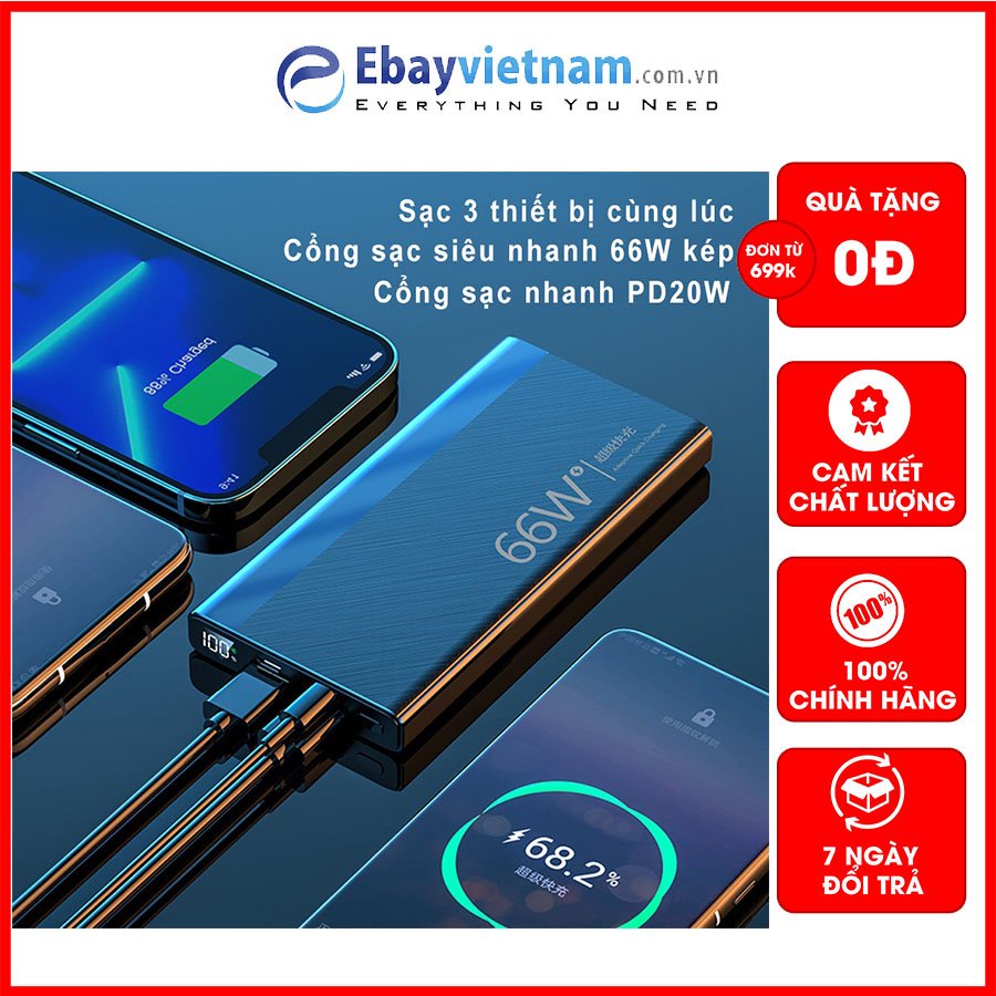 Sạc Dự Phòng Siêu Nhanh 66W, Dung Lượng Lớn 20000mah 30000mah 50000mah 3 Đầu Ra Cáp Type-C, Sạc Nhanh Pd20W