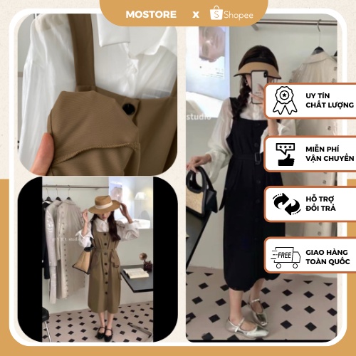 Váy Yếm Set Bộ Sơ Mi Trắng Phối Yếm Váy Buộc Dây Eo Freesize