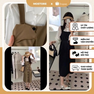 Váy yếm set bộ sơ mi trắng phối yếm váy buộc dây eo freesize