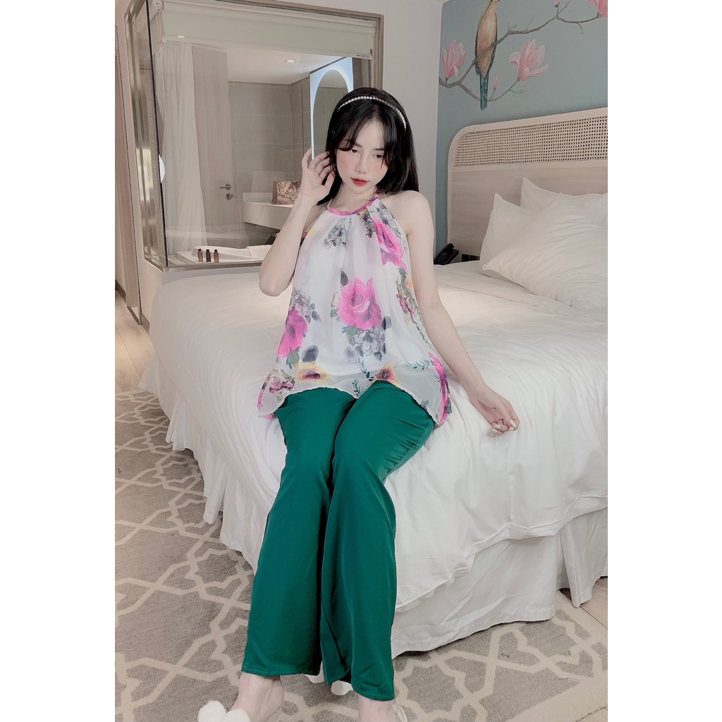 Áo yếm voan tơ in họa tiết, áo 2 lớp phối quần lụa mango, quần có túi | BigBuy360 - bigbuy360.vn