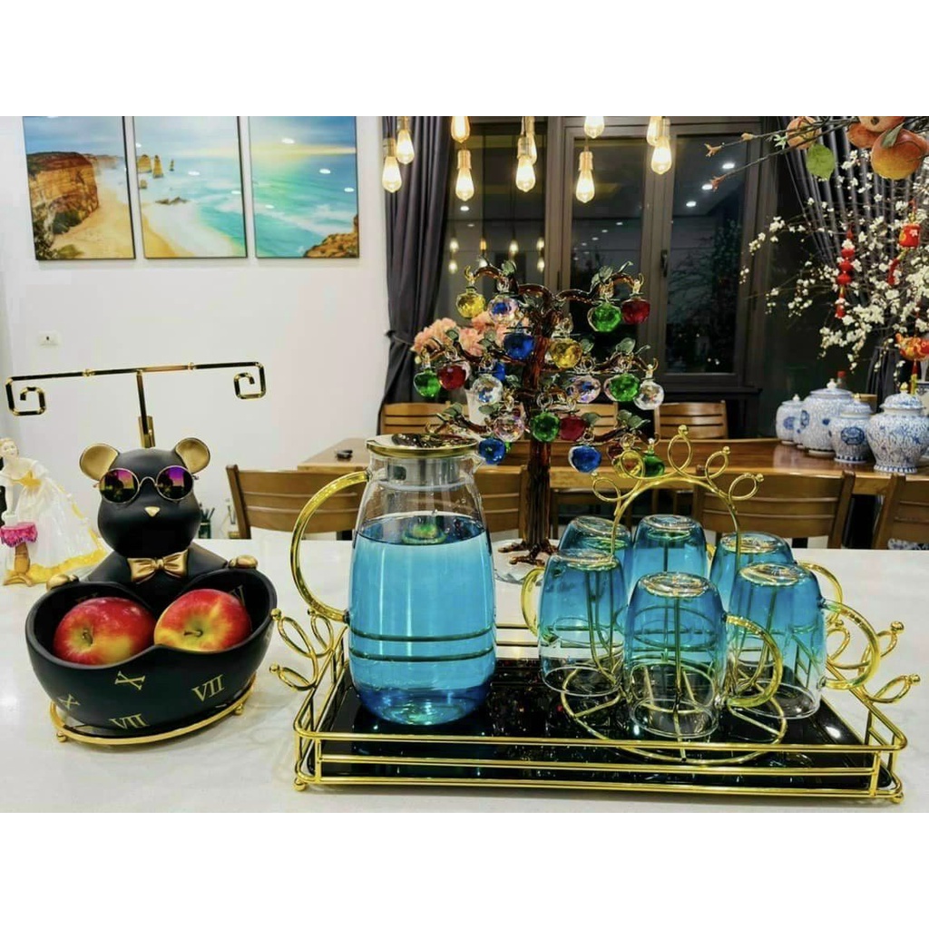 BỘ BÌNH 6 CỐC THUỶ TINH ÁNH TRAI CHỊU NHIỆT BOROSILICATE | BỘ CỐC BÌNH THUỶ TINH 7 MÀU PHA LÊ ĐẠI