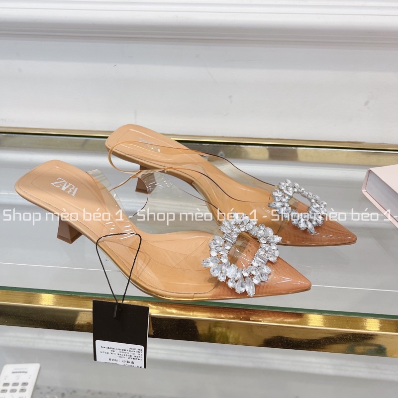 Sandal zara mica nude bít mũi đá vuông gót nhọn xuất dư fullbox
