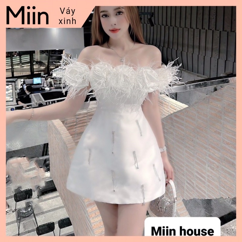 Váy cúp xòe đính hạt phối thân lông vũ
