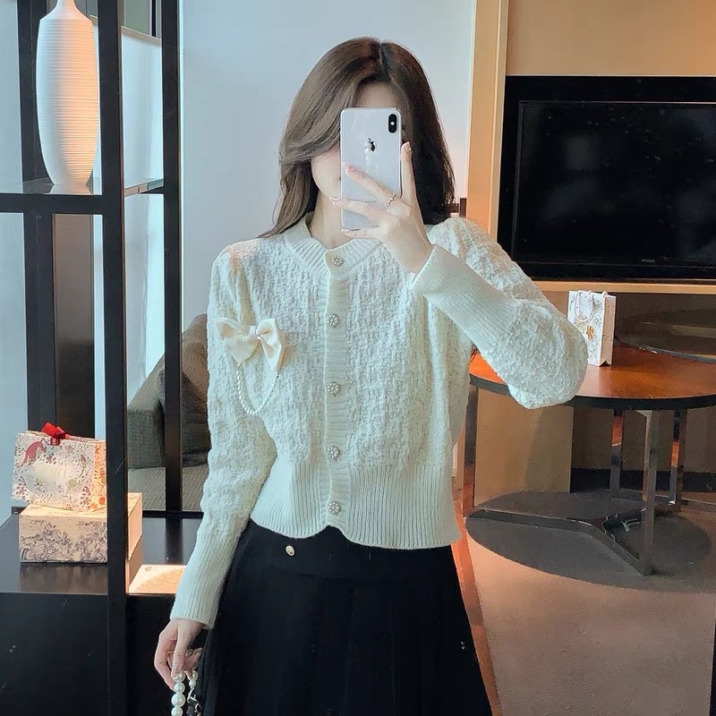 Áo cardigan len đính nơ ngọc siêu xinh