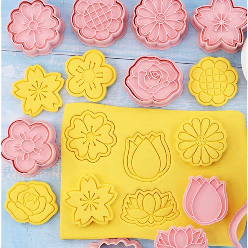 Set 8 Khuôn Cắt Bánh Quy Dạng Nhấn Hình Hoa Hoạt Hình 3D Cho Nhà Bếp